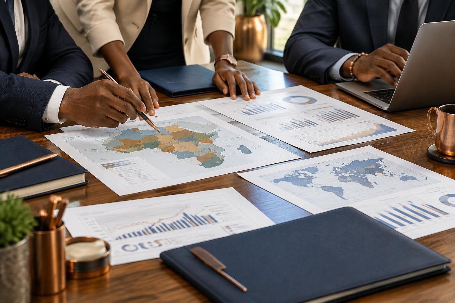 Dirigeants travaillant sur des cartes et analyses économiques de l’Afrique
